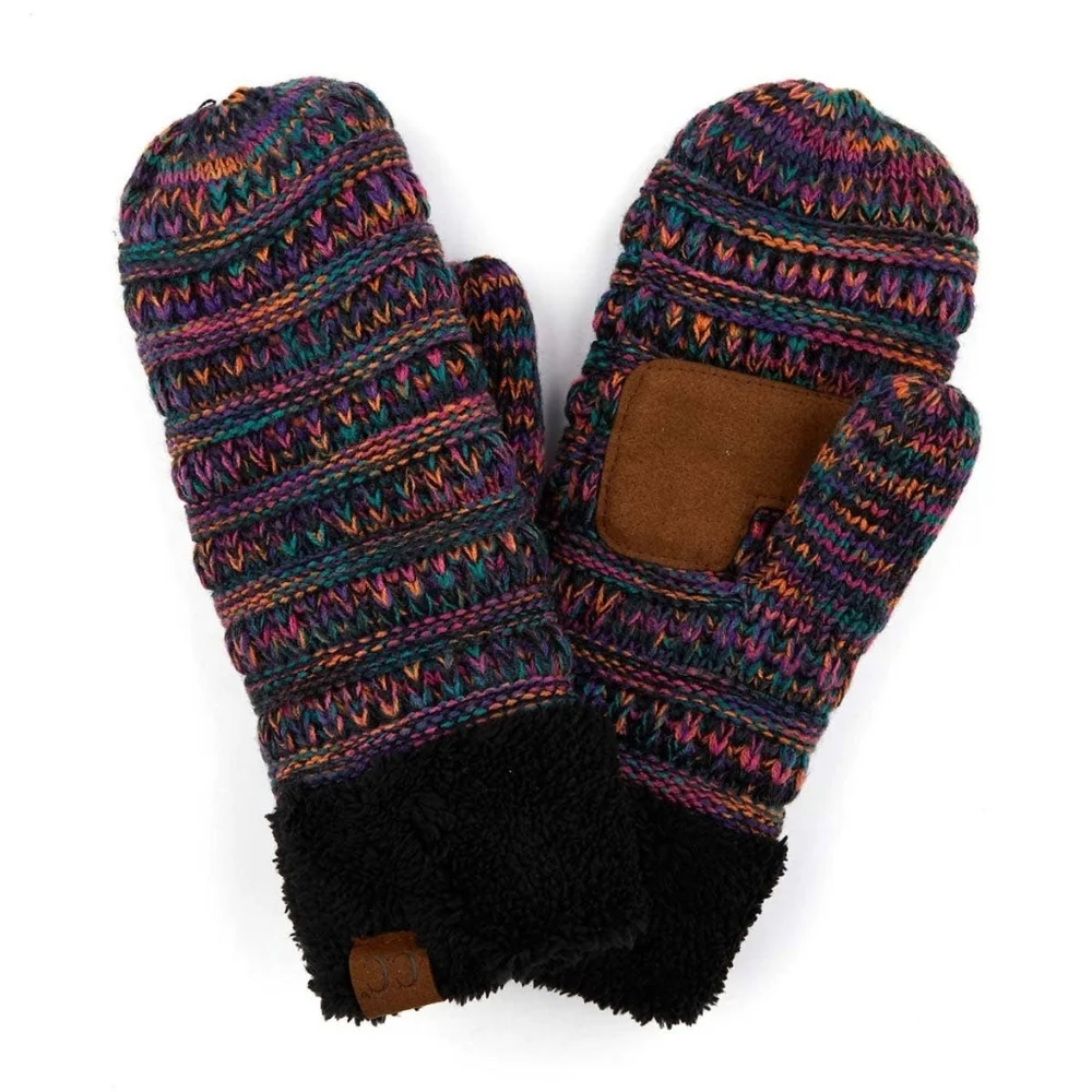 C.C Multicolor‎ Sherpa Lined Knit Mittens Purple, Teal, And Orange
